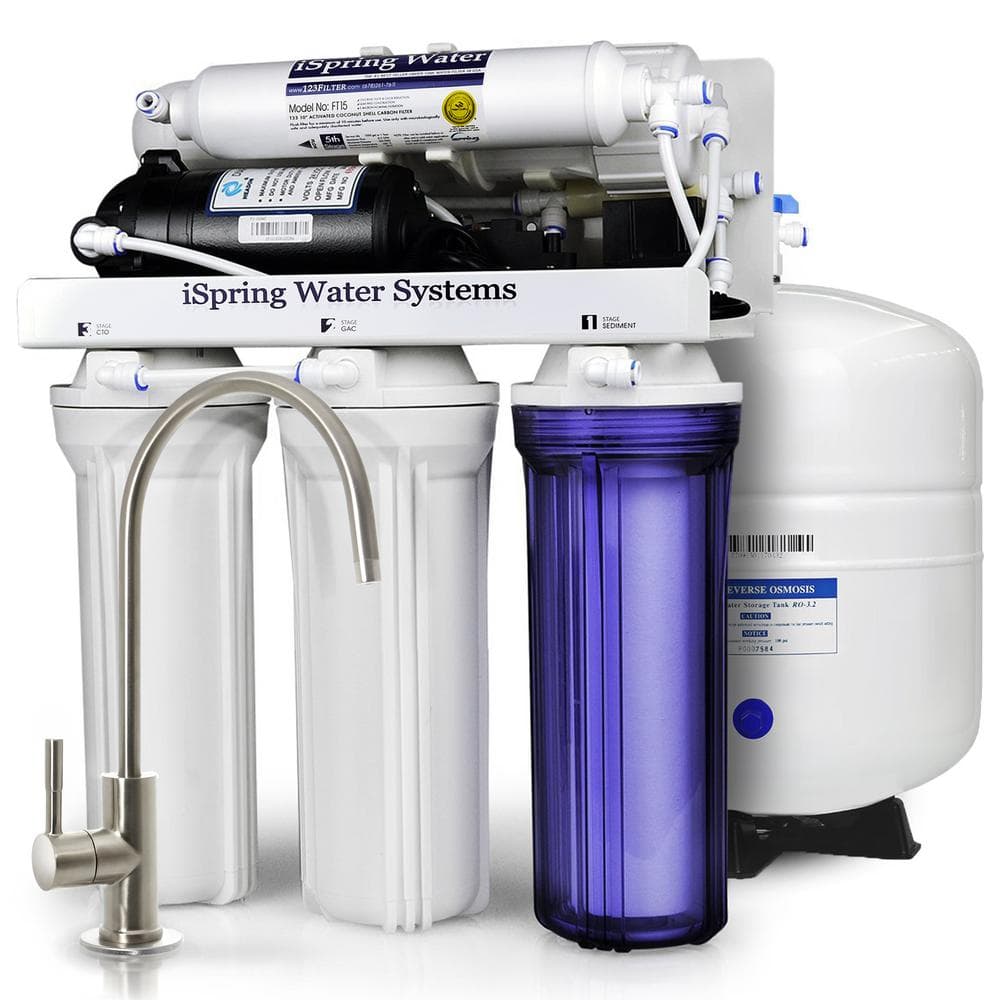 ISPRING 5-Stage 100 GPD Reverse Osmosis Water Filtration System with Booster Pump and Brushed Nickel Faucet