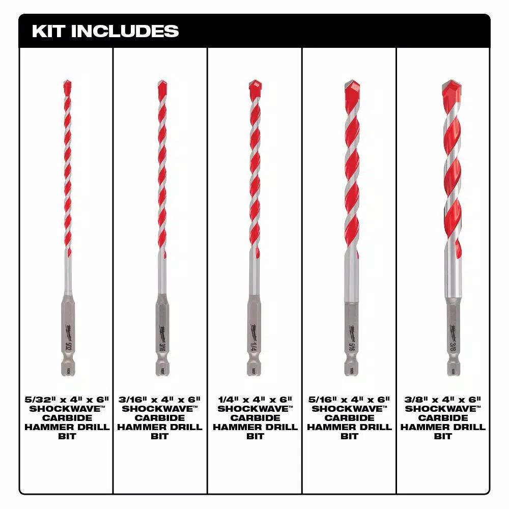 Milwaukee SHOCKWAVE Carbide Hammer Drill Bit Set, 5-Piece Masonry Bit Kit