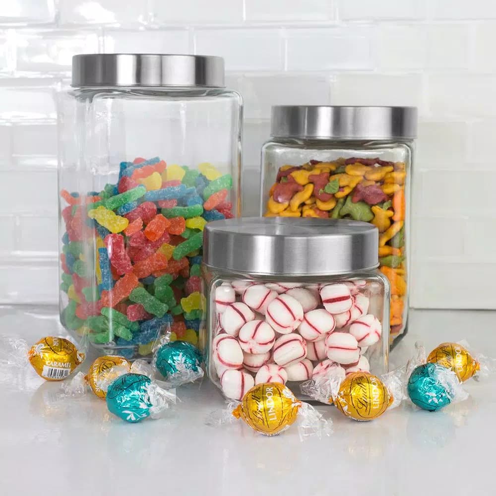 Home Basics 4-Piece Square Glass Canister Set with Airtight Stainless Steel Lids
