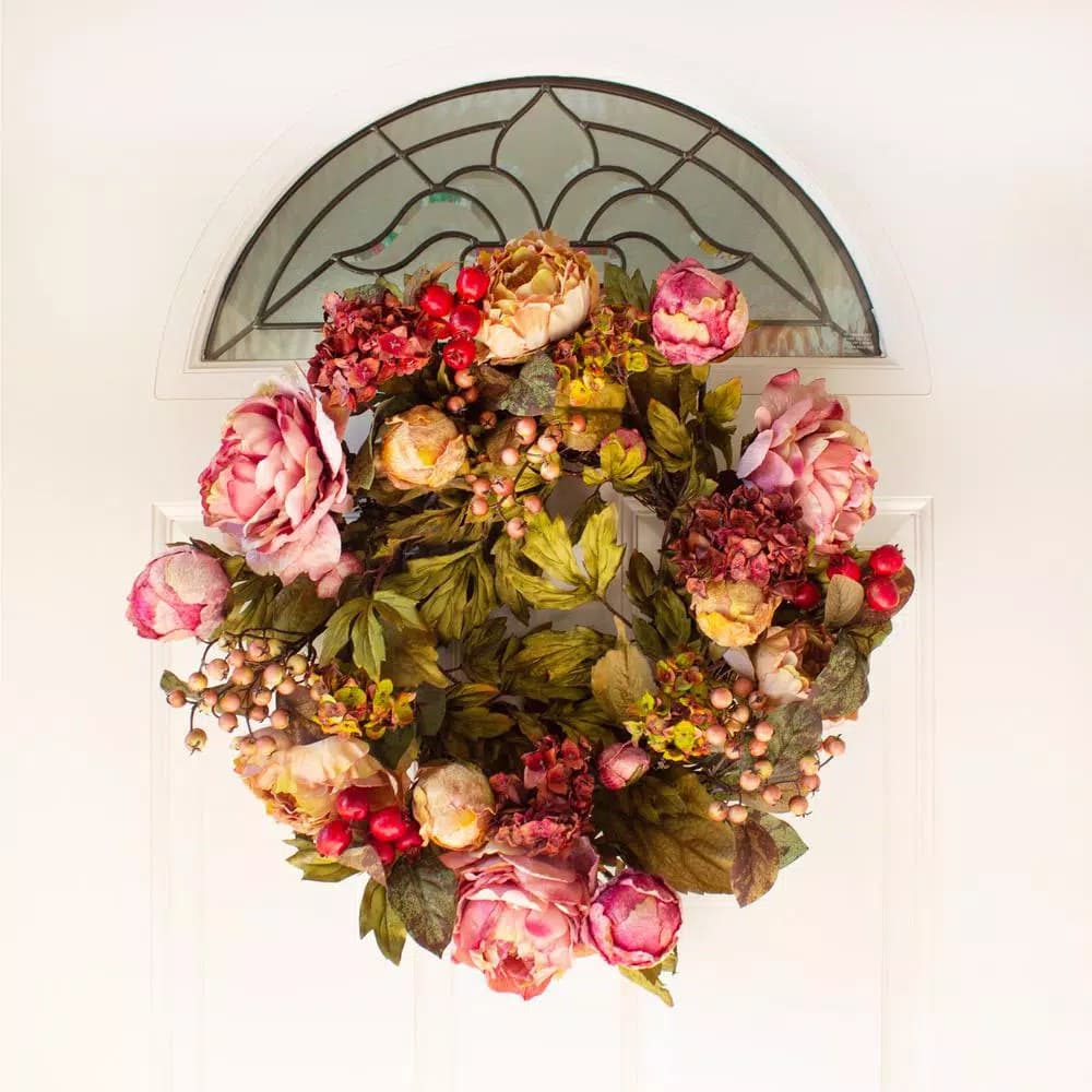 Nearly Natural 24 in. Red Peony Hydrangea Wreath with Berries and Greenery
