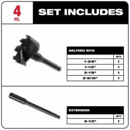 Milwaukee 49-22-0135 Contractor Selfeed Wood Boring Bit Set, 4-Piece High Speed Steel Auger Bit Kit thumbnail 2