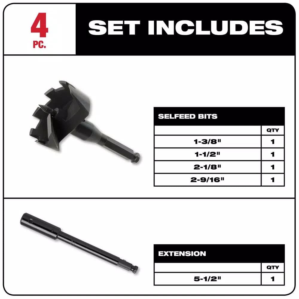 Milwaukee 49-22-0135 Contractor Selfeed Wood Boring Bit Set, 4-Piece High Speed Steel Auger Bit Kit