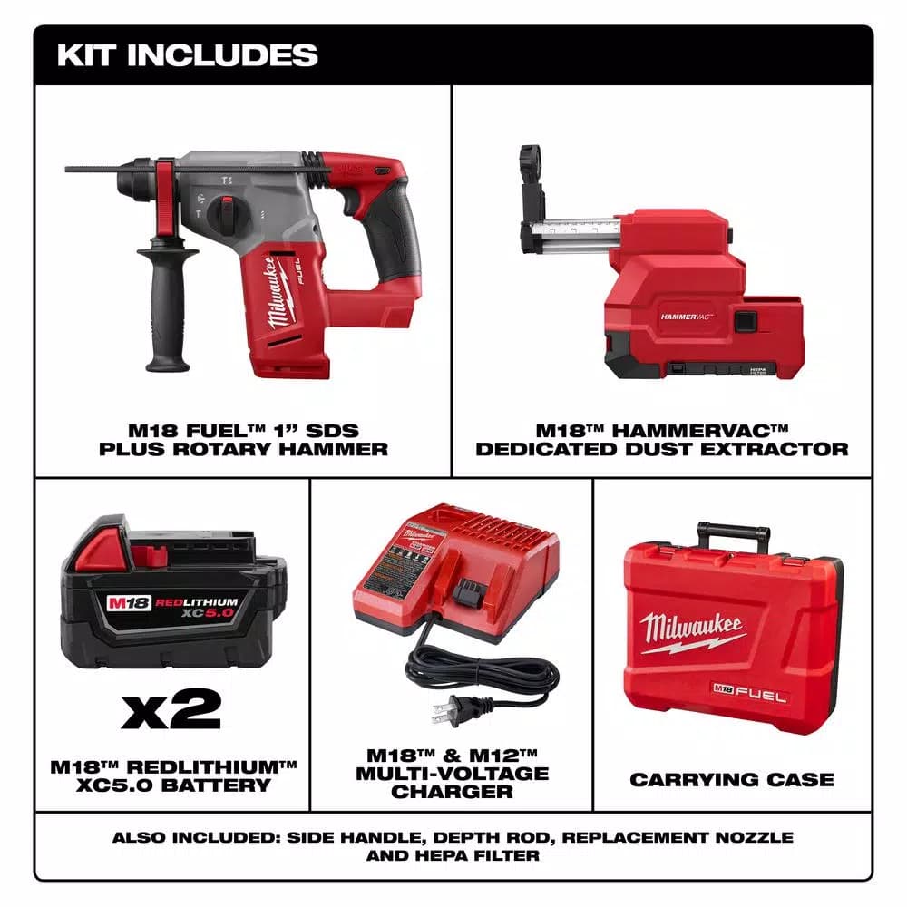 Milwaukee M18 FUEL 1 in. SDS-Plus Rotary Hammer with HAMMERVAC Dust Extractor Kit, (2) 5.0 Ah Batteries