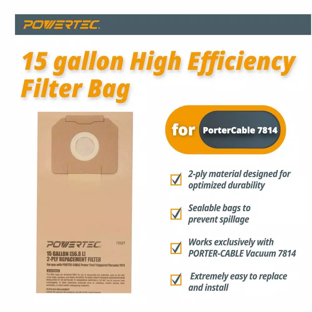 POWERTEC 15 Gal. High Efficiency Replacement Filter Bags for PORTER-CABLE 7814 Vacuum (3-Pack)