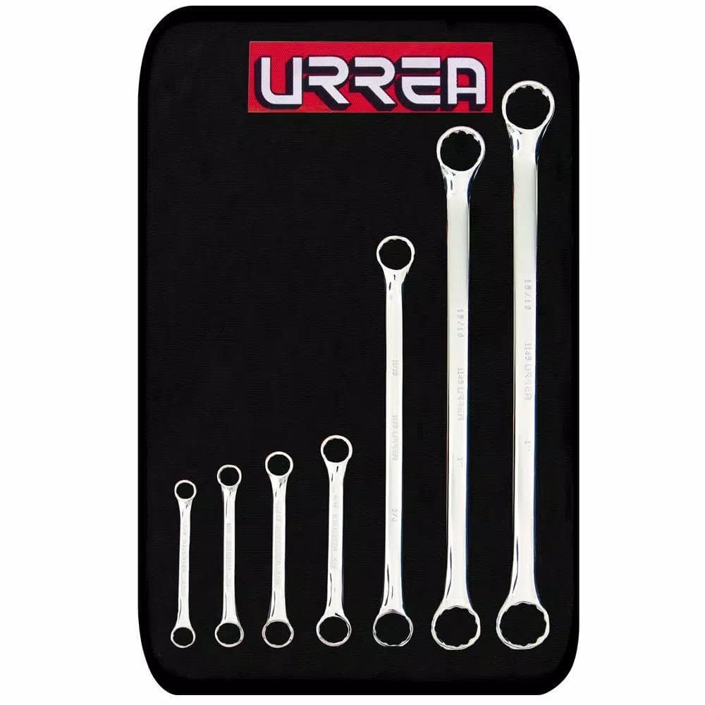 URREA 7-Piece SAE 12-Point Box End Wrench Set, 15 Degree Offset, Chrome Finish