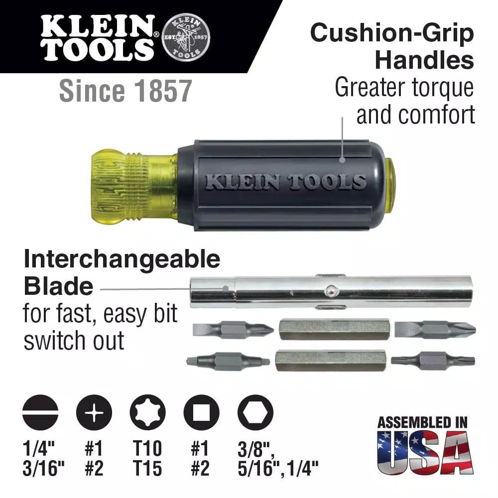 Klein Tools 11-in-1 Multi Bit Screwdriver & Nut Driver with Cushion Grip Handle
