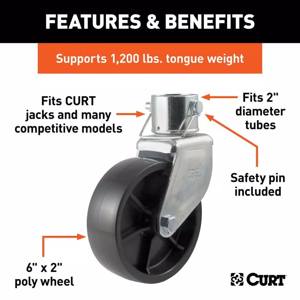 CURT 6" Jack Caster for 2" Diameter Tubes, 1,200 lbs. Capacity