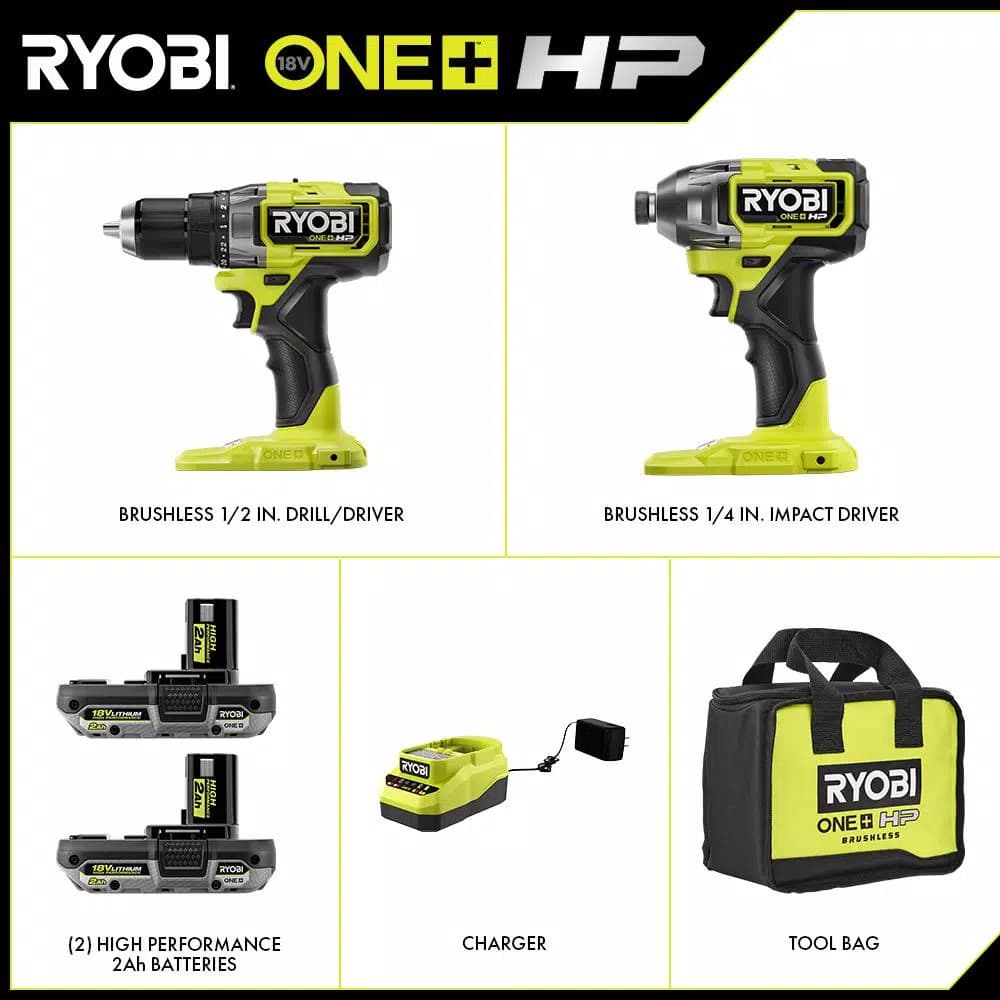 RYOBI 18V ONE+ HP Brushless 2-Tool Combo Kit: 1/2 in. Drill/Driver and 1/4 in. Impact Driver with (2) 2.0 Ah Batteries