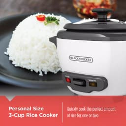 BLACK+DECKER 3-Cup White Electric Rice Cooker with Steaming Basket and Non-Stick Pot thumbnail 6