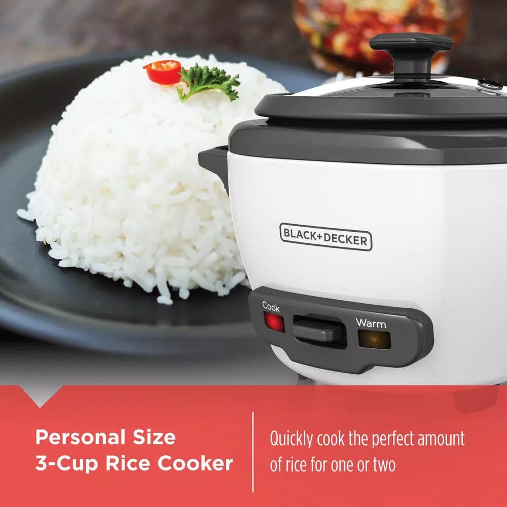 BLACK+DECKER 3-Cup White Electric Rice Cooker with Steaming Basket and Non-Stick Pot