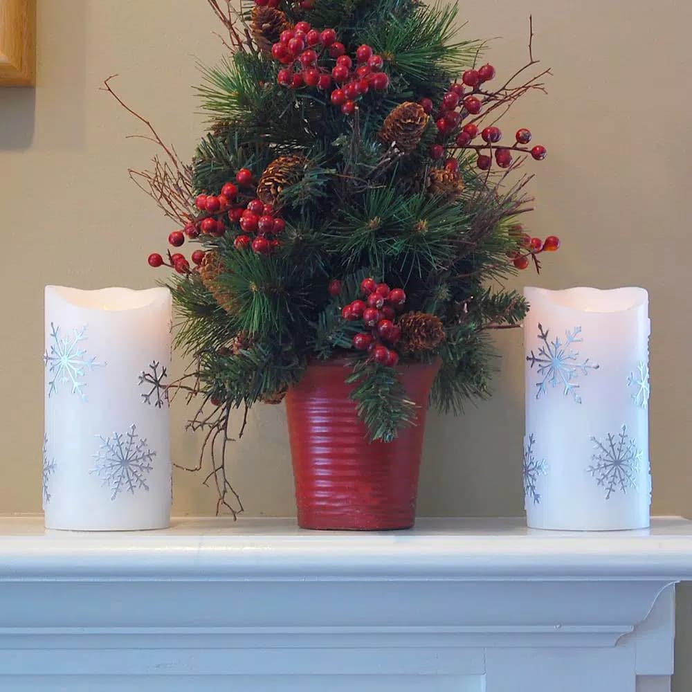 LUMABASE 6 in. Silver Snowflake Flameless LED Pillar Candles, Set of 2