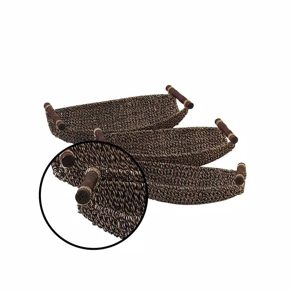 LITTON LANE Globe Trotter Set of 3 Seagrass Boat-Shaped Trays with Cherrywood Dowel Handles