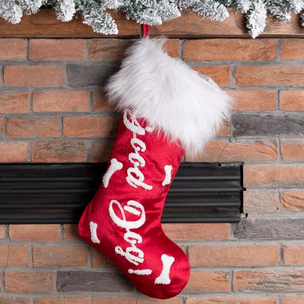 Glitzhome 22 in. Red Velvet Christmas Stocking with White Plush Cuff - Good Dog Print