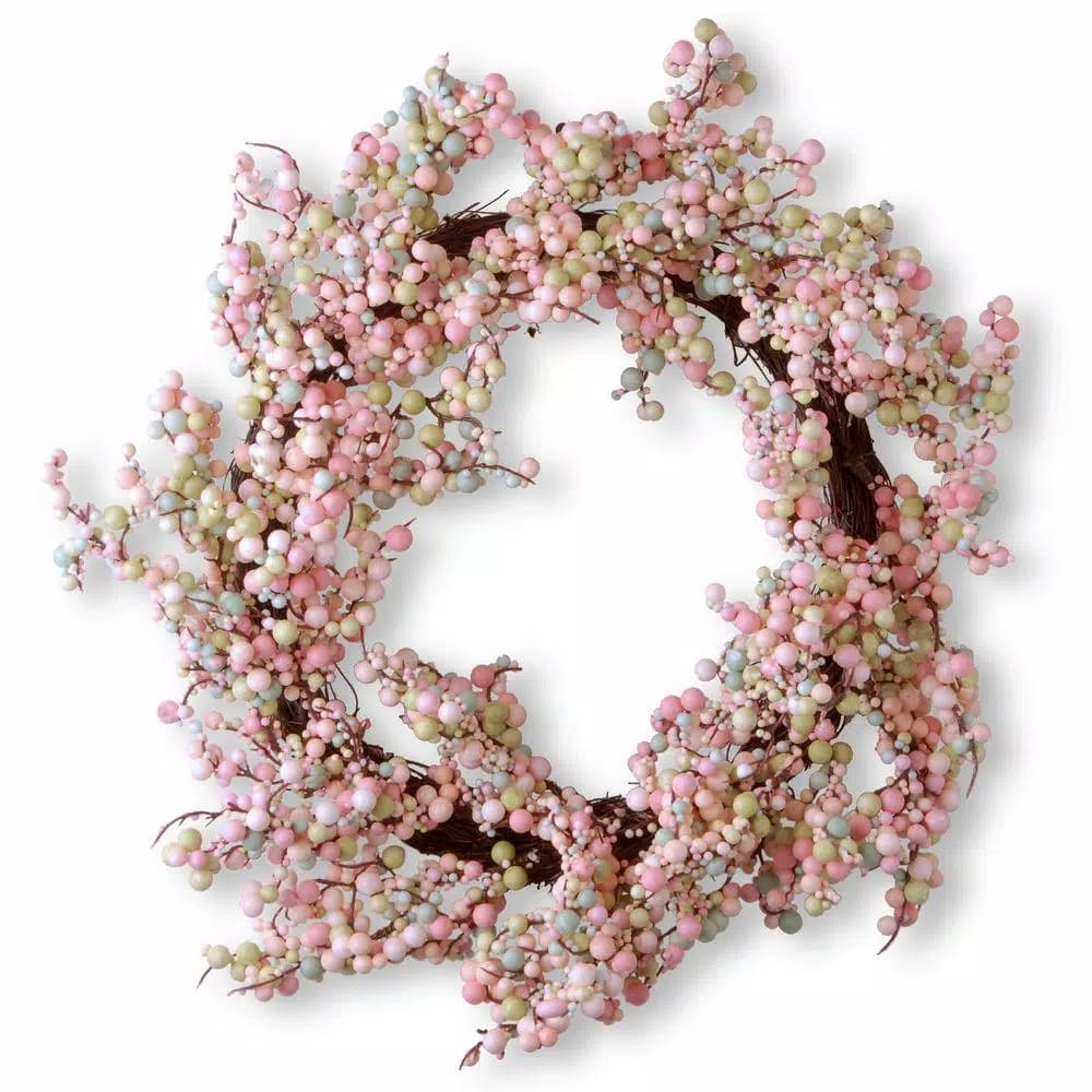 National Tree Company Pink Berry Wreath with Pink, White, and Teal Green Berry Clusters on Woven Twig Base