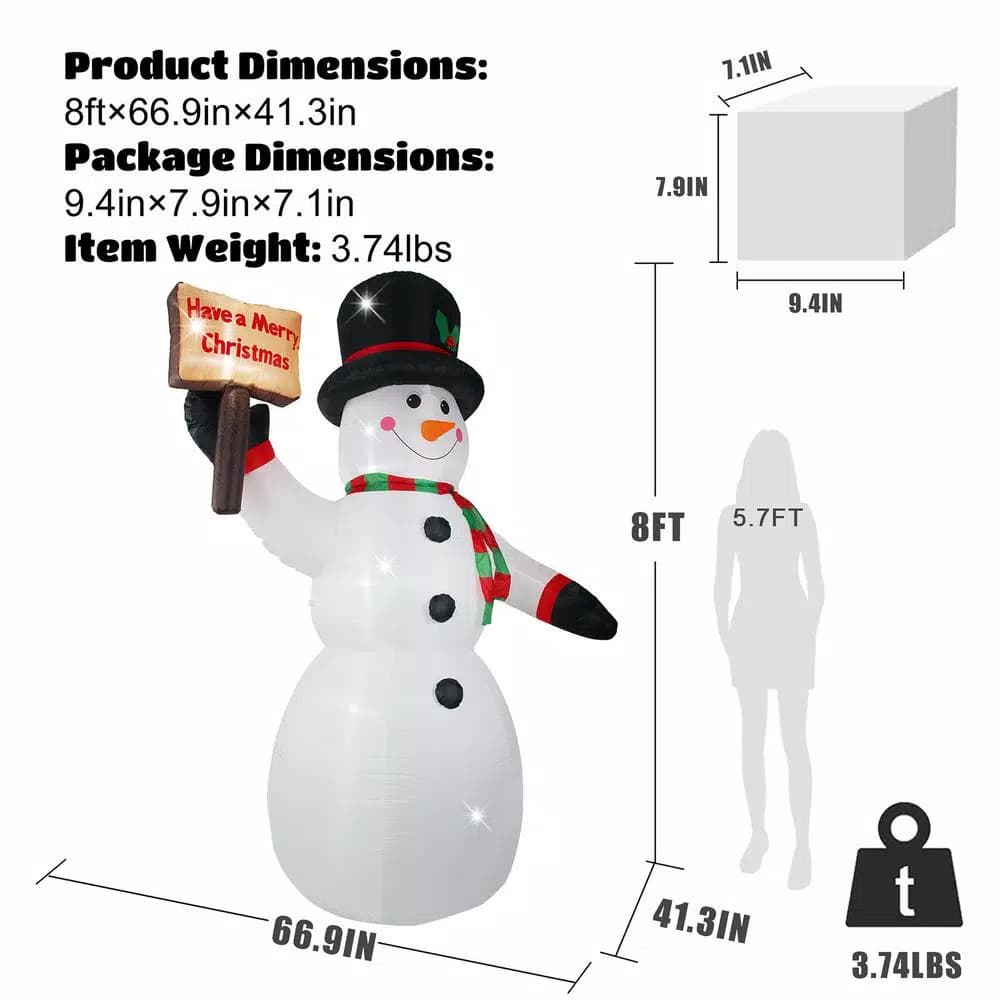 JOYDECOR 8 ft. Pre-Lit LED Snowman Christmas Inflatable with Board for Outdoor Holiday Decor