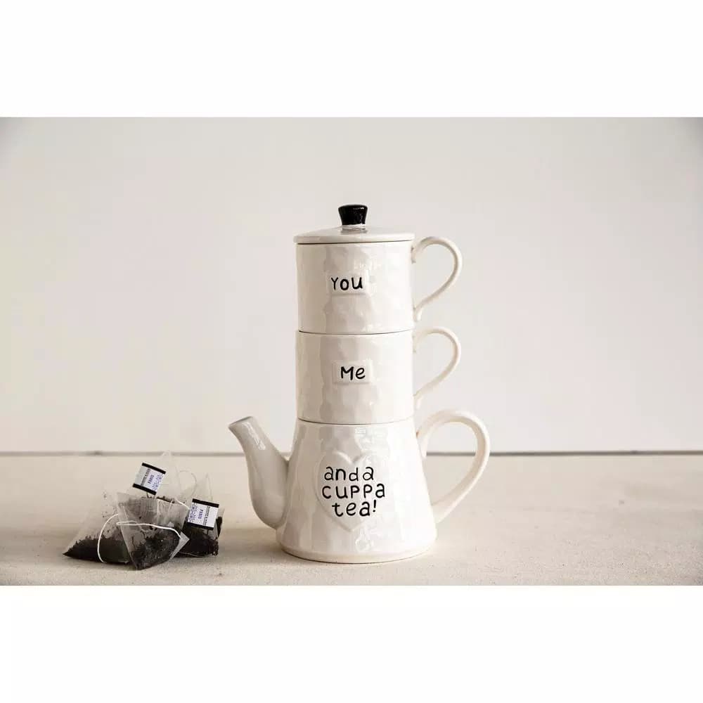 3R Studios White Stackable Teapot and Mugs Set, 3-Piece Ceramic Tea Set