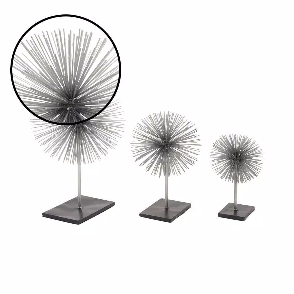 LITTON LANE Set of 3 Metal Starburst Sculptures with Stand - Silver and Black Iron Wire Decor