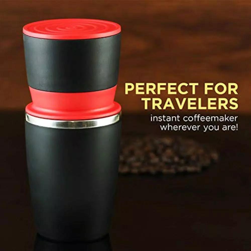 Ovente 2-in-1 Single Serve Coffee Grinder and French Press Maker with Insulated Cup, Red