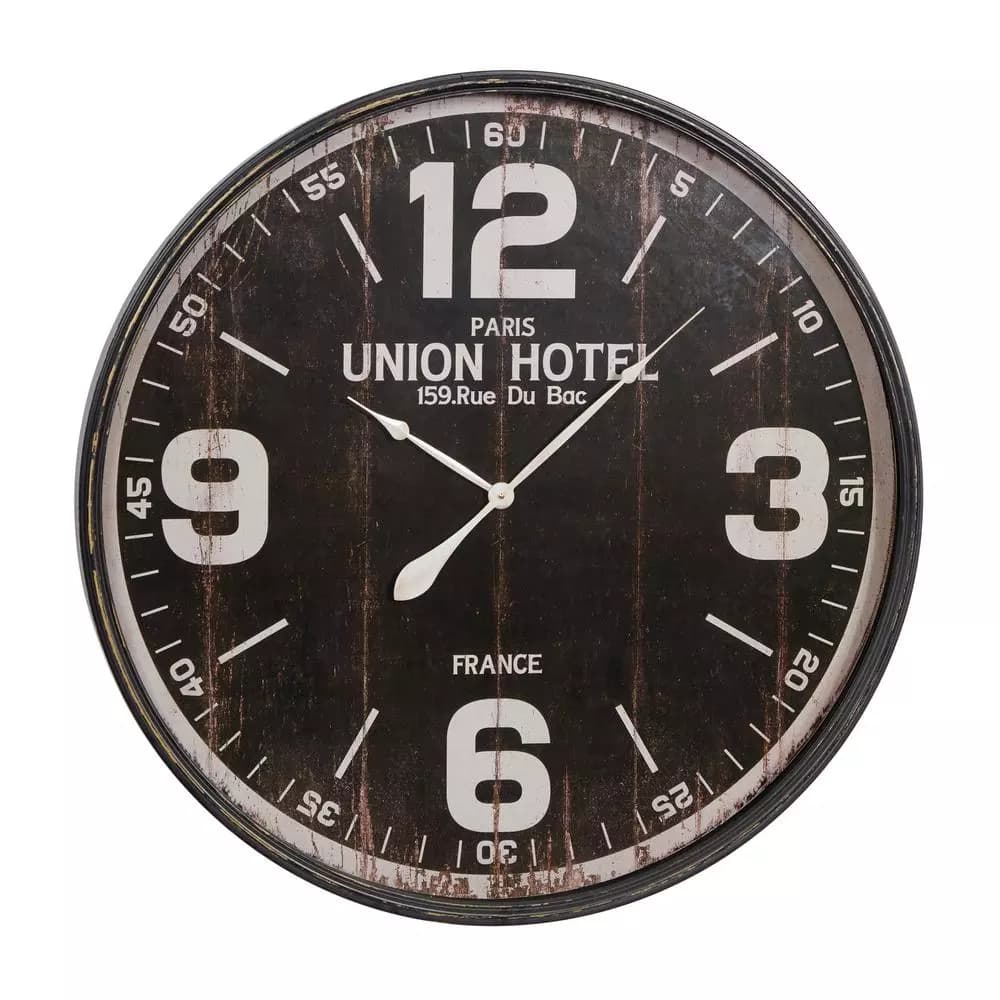LITTON LANE 35 in. Vintage Round Wall Clock - Distressed Black Metal Industrial Design