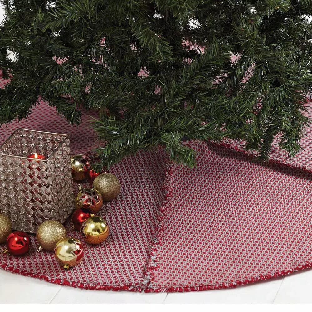 VHC Brands 48 in. Tannen Deep Red and Nickel Grey Jacquard Christmas Tree Skirt