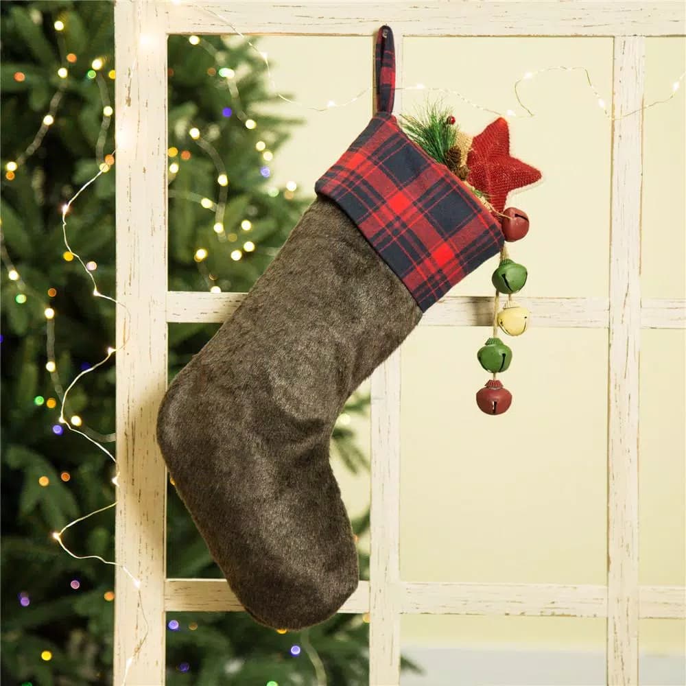 Glitzhome 19 in. Plush Christmas Stocking with Red and Green Plaid Cuff