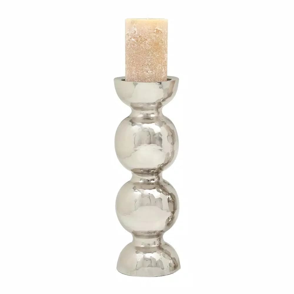 LITTON LANE 18 in. x 6 in. Classic Iron Candle Holder with Spherical Orb Accent, Polished Silver Finish