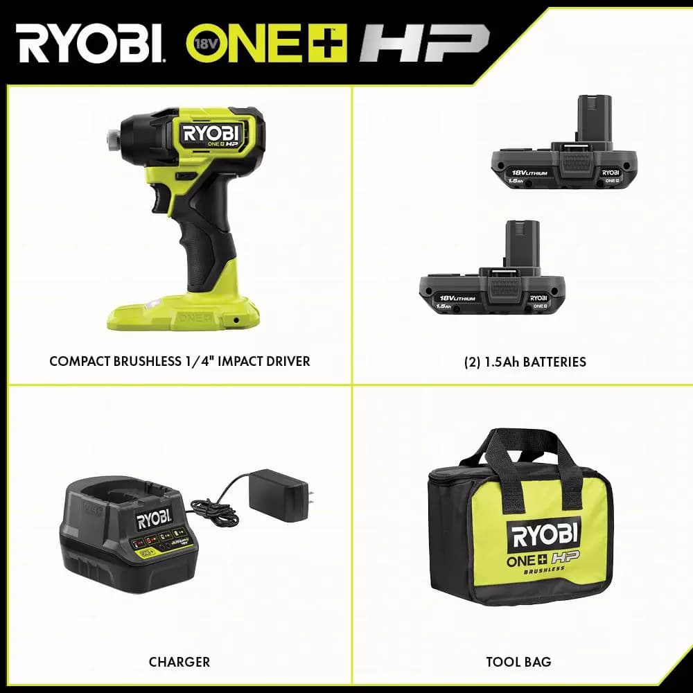 RYOBI ONE+ HP 18V Brushless 1/4 in. Compact Impact Driver Kit with (2) 1.5 Ah Batteries, Charger, and Bag