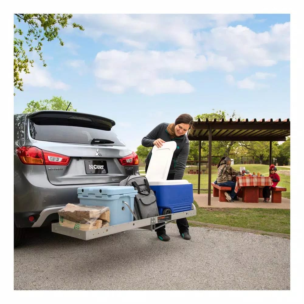 CURT 60" x 20" Aluminum Tray-Style Cargo Carrier with 2" Folding Shank, 500 lb. Capacity