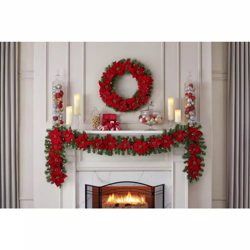 Home Accents Holiday 9 ft. Berry Bliss Pre-Lit LED Artificial Christmas Garland with Red Poinsettias