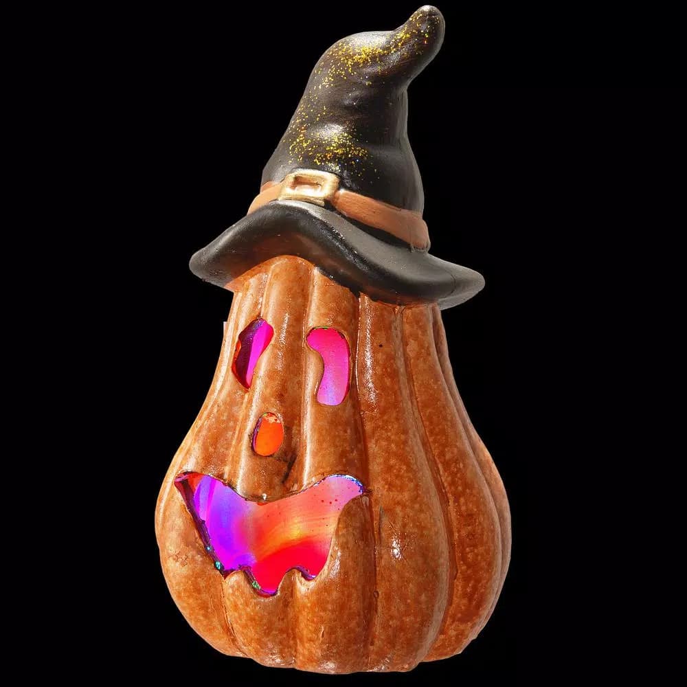 National Tree Company 8 in. Lighted Jack-O-Lantern Halloween Decoration with Witch Hat and Color-Changing LED Lights