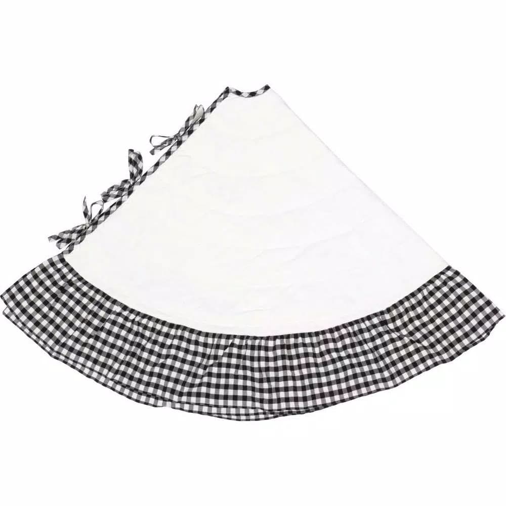 VHC Brands Emmie 60 in. Black and White Farmhouse Christmas Ruffled Tree Skirt