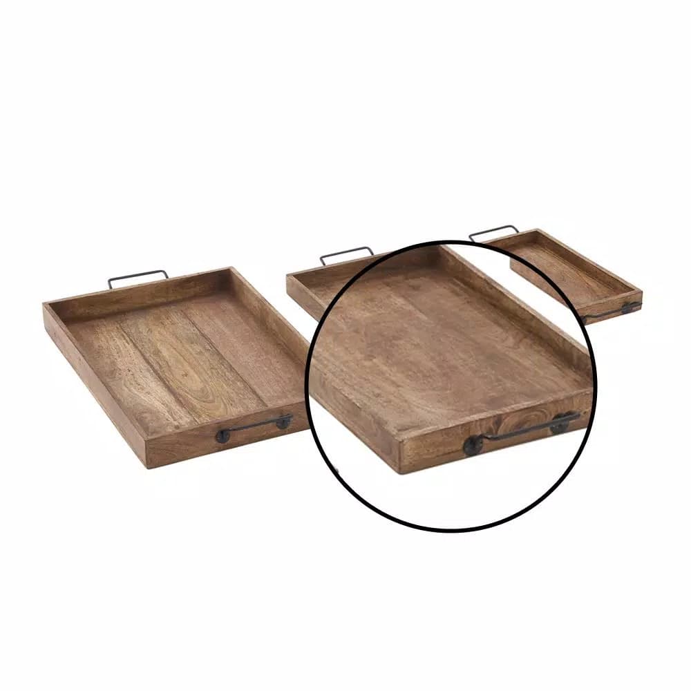 LITTON LANE Mahogany Brown Mango Wood and Iron Slat-Style Farmhouse Trays, Set of 3