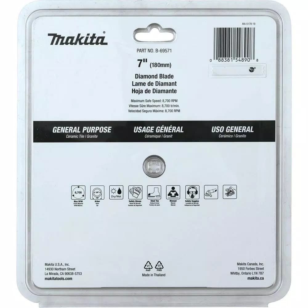 Makita 7 in. Continuous Rim Diamond Blade for Porcelain, Stone, and Tile