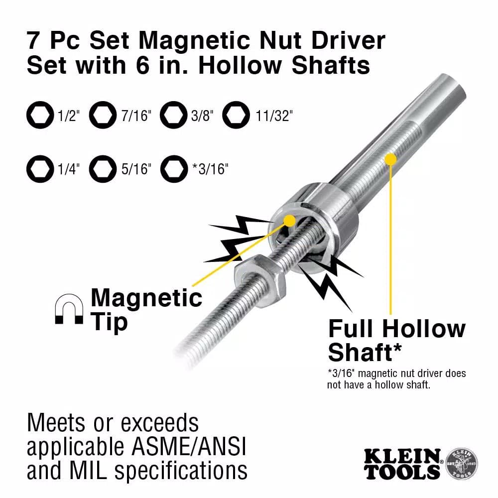 Klein Tools 7-Piece Magnetic Nut Driver Set with 6 in. Hollow Shafts and Cushion-Grip Handles