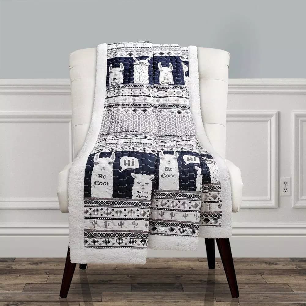 Lush Decor Llama Stripe Navy Sherpa Throw Blanket for Kids