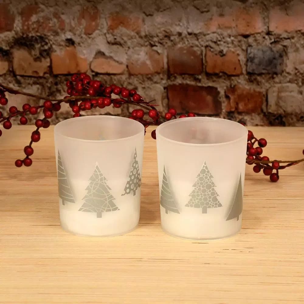 LUMABASE Christmas Trees Silver LED Battery Operated Glass Candles, Set of 2