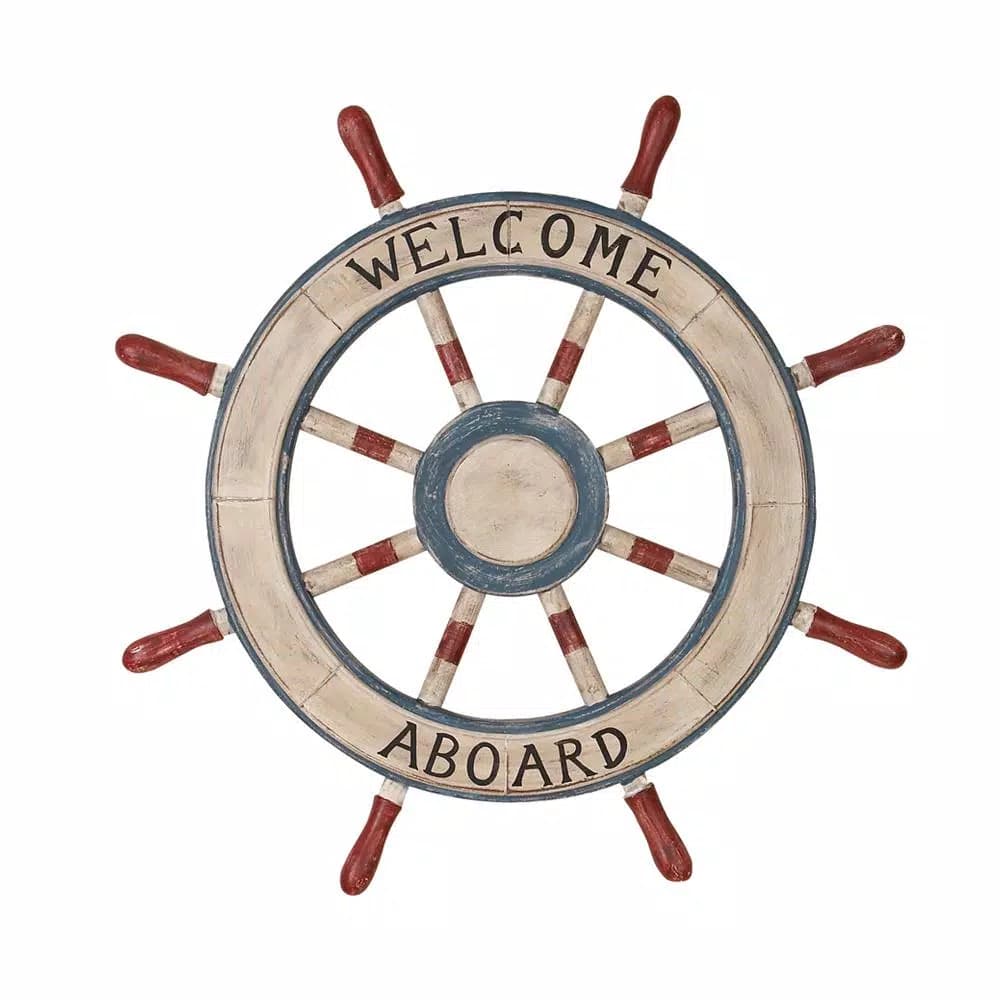 LITTON LANE 23 in. Nautical Welcome Aboard Wooden Ship Wheel Wall Decor