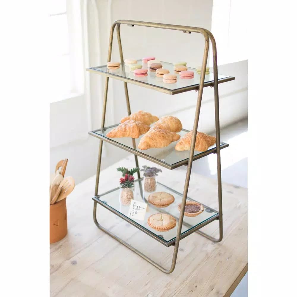 Unbranded 3-Tier Brass Finish Metal and Glass Display Shelf, 11 x 18 x 31 in