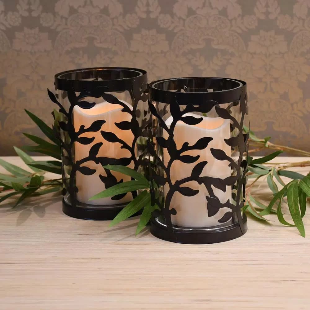 LUMABASE 6.5 in. Vine Metal and Glass Candle Holder Set with LED Pillar Candles (Set of 2)