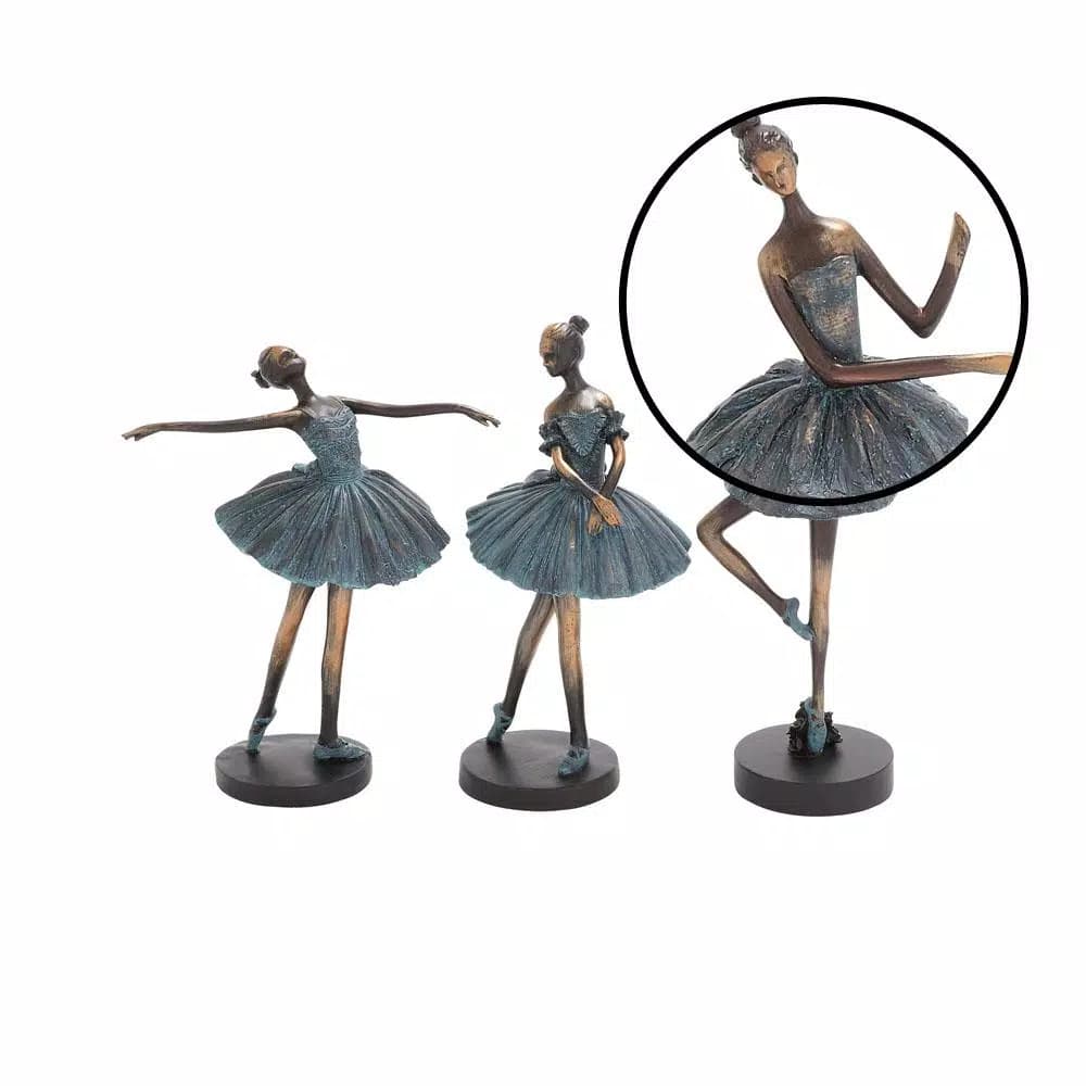 LITTON LANE Polystone Ballerina Tutu Sculptures Set of 3 - Teal and Brown Decorative Statues