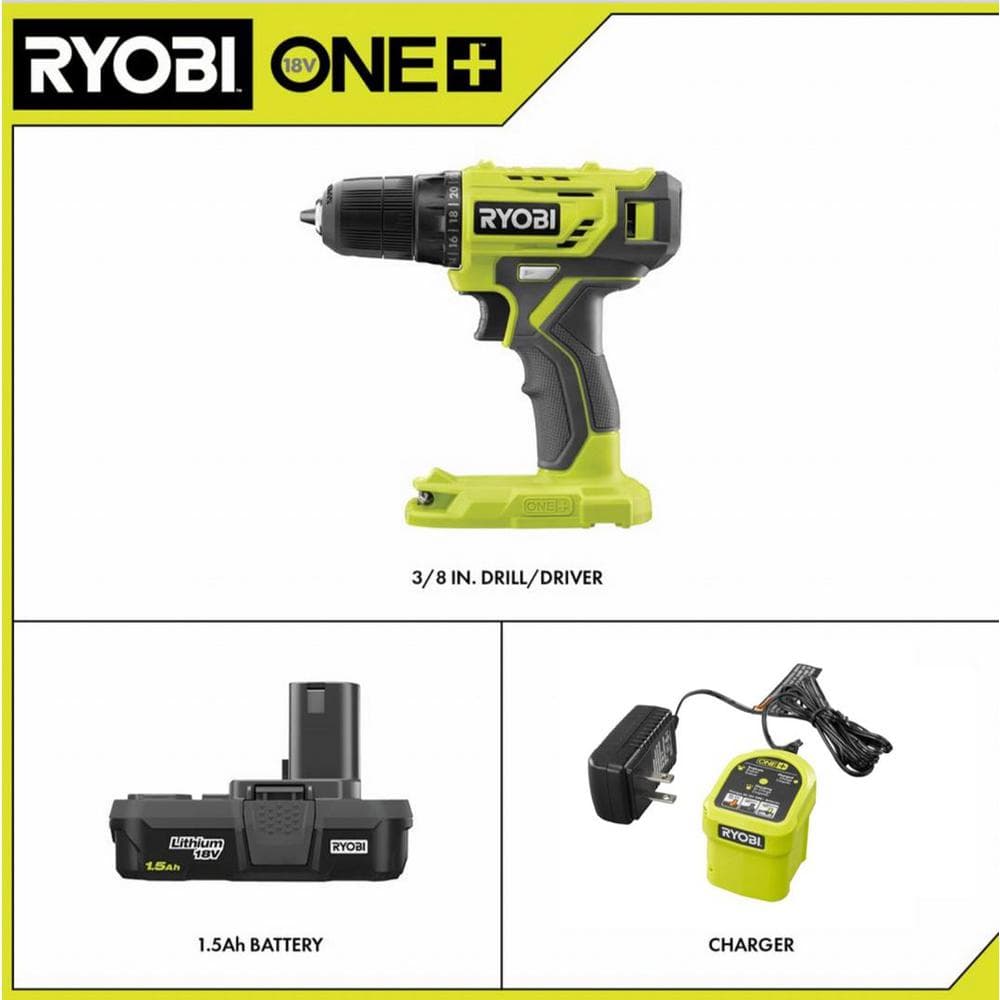 RYOBI 18V ONE+ 3/8 in. Cordless Drill/Driver Kit with 1.5 Ah Battery and Charger