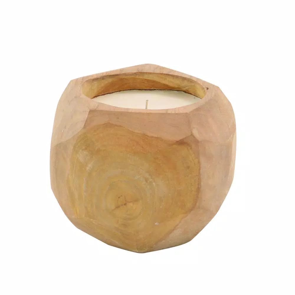 LITTON LANE Hand-Carved Natural Teak Wood Coconut-Shaped Candle Holder with White Unscented Wax