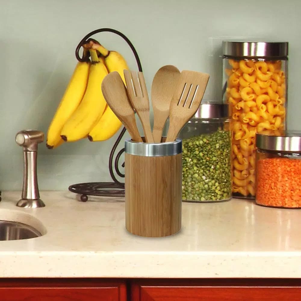 Home Basics 5-Piece Bamboo Kitchen Utensil Set with Vertical Standing Holder