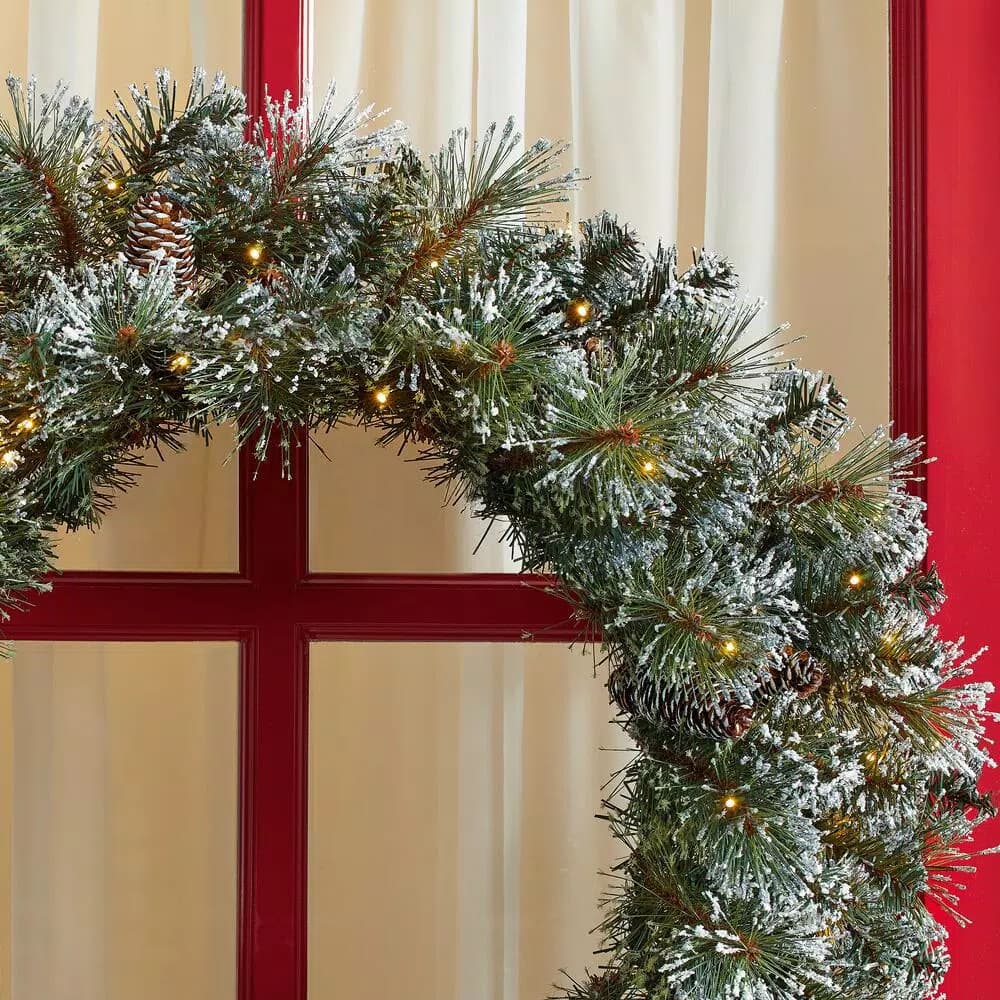 Home Accents Holiday 30in. Sparkling Amelia Pine Pre-lit LED Artificial Christmas Wreath with 50 Warm White Micro-Dot Lights