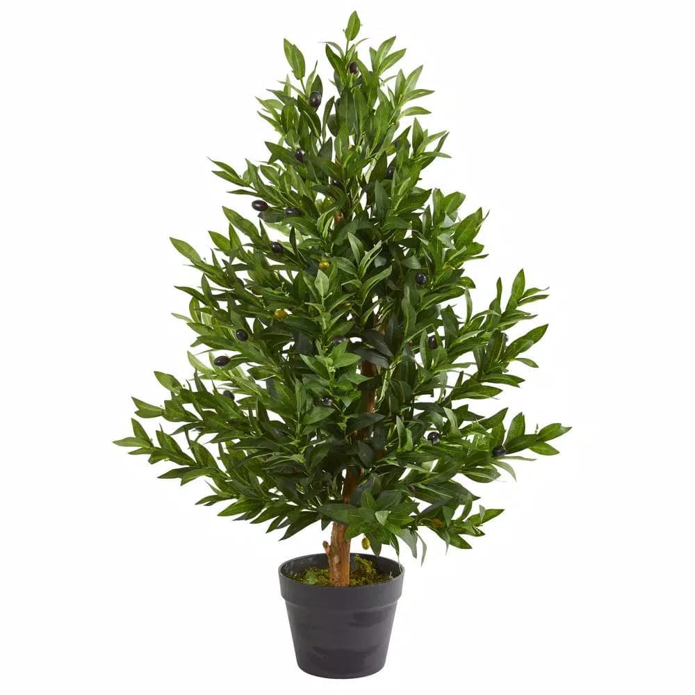 Nearly Natural 35 in. Artificial Olive Cone Topiary Tree with UV-Resistant Green Foliage, Indoor/Outdoor