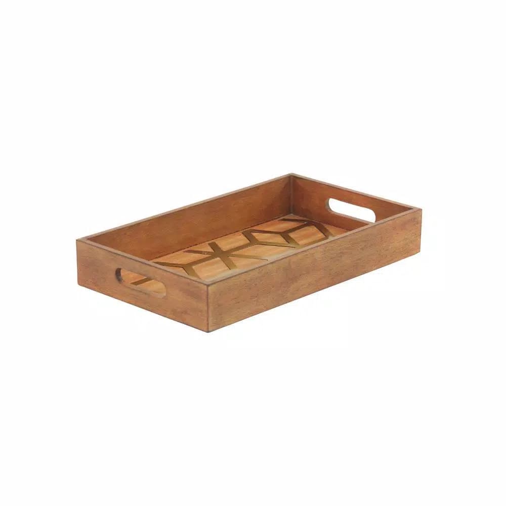LITTON LANE Rustic Brown Wood Decorative Trays with Gold Geometric Patterns, Set of 2