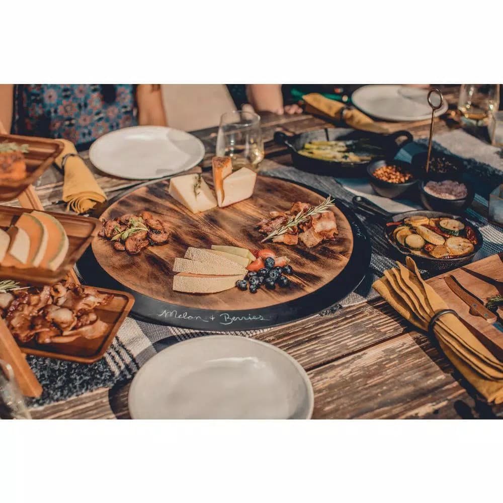 Picnic Time Acacia Wood Lazy Susan Rotating Serving Tray with 1" Chalkboard Rim