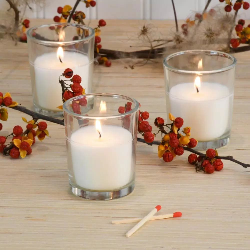 LUMABASE White Unscented Paraffin Votive Candles with Clear Glass Holders, 12-Count, 15-Hour Burn Time