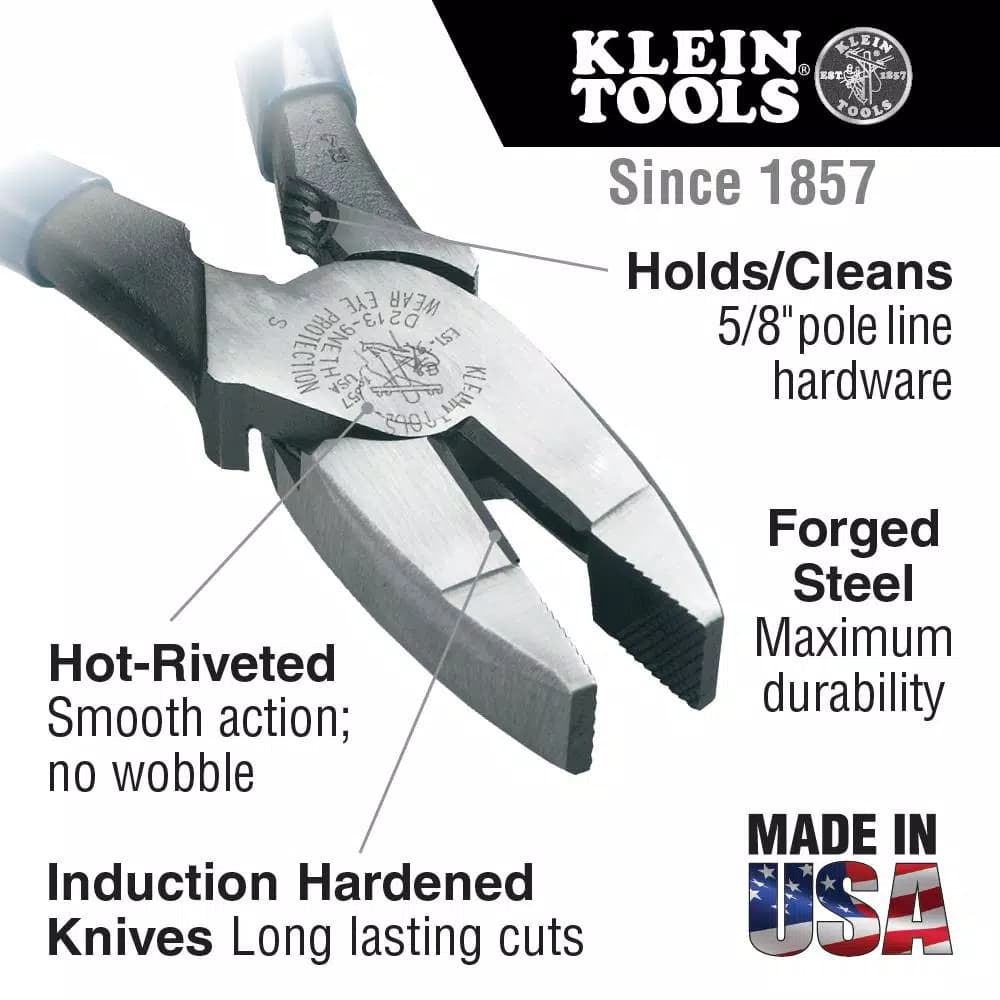 Klein Tools 9 in. High Leverage Lineman's Bolt-Thread Holding Side Cutting Pliers