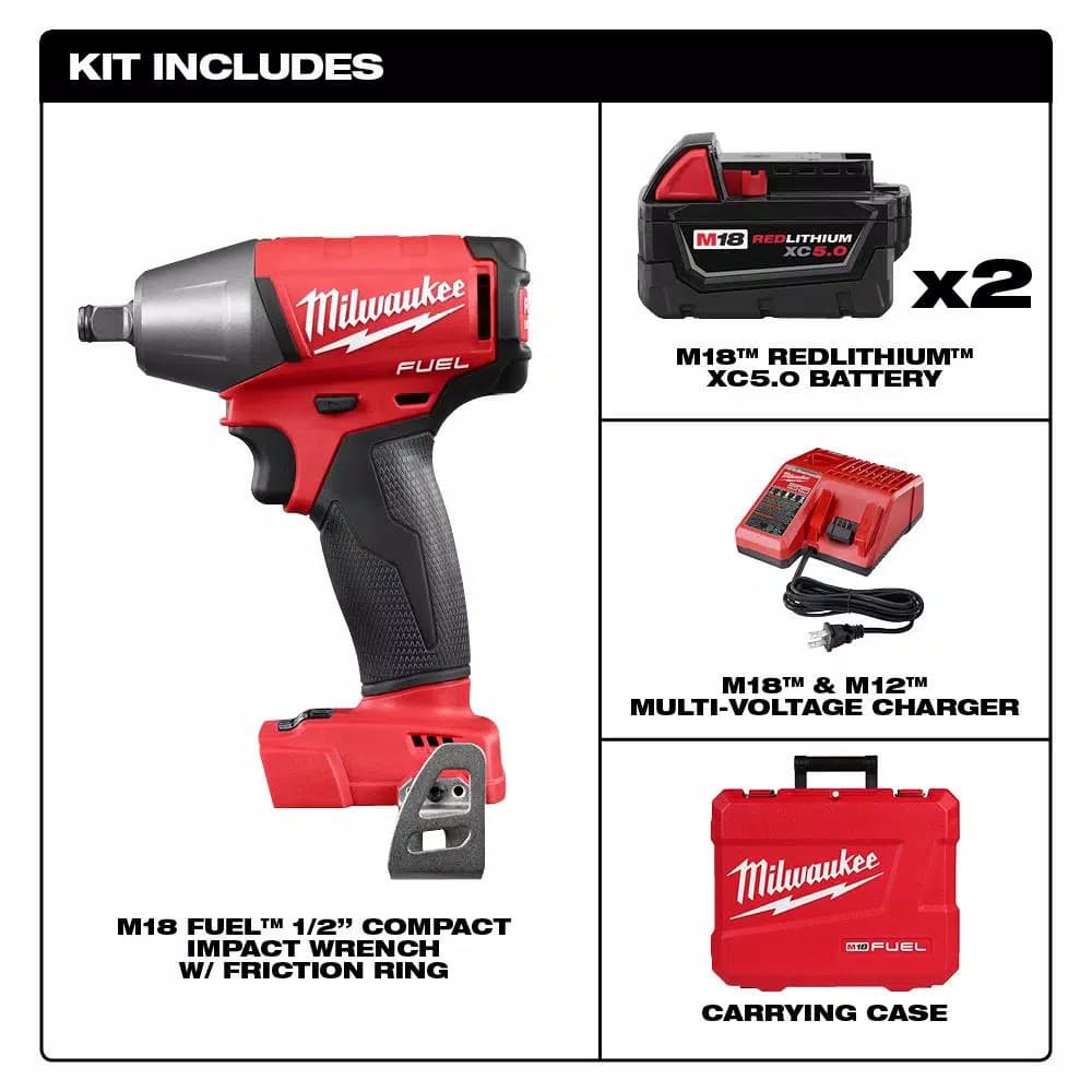 Milwaukee M18 FUEL 1/2 in. Compact Impact Wrench Kit with Two 5 Ah Batteries and Charger